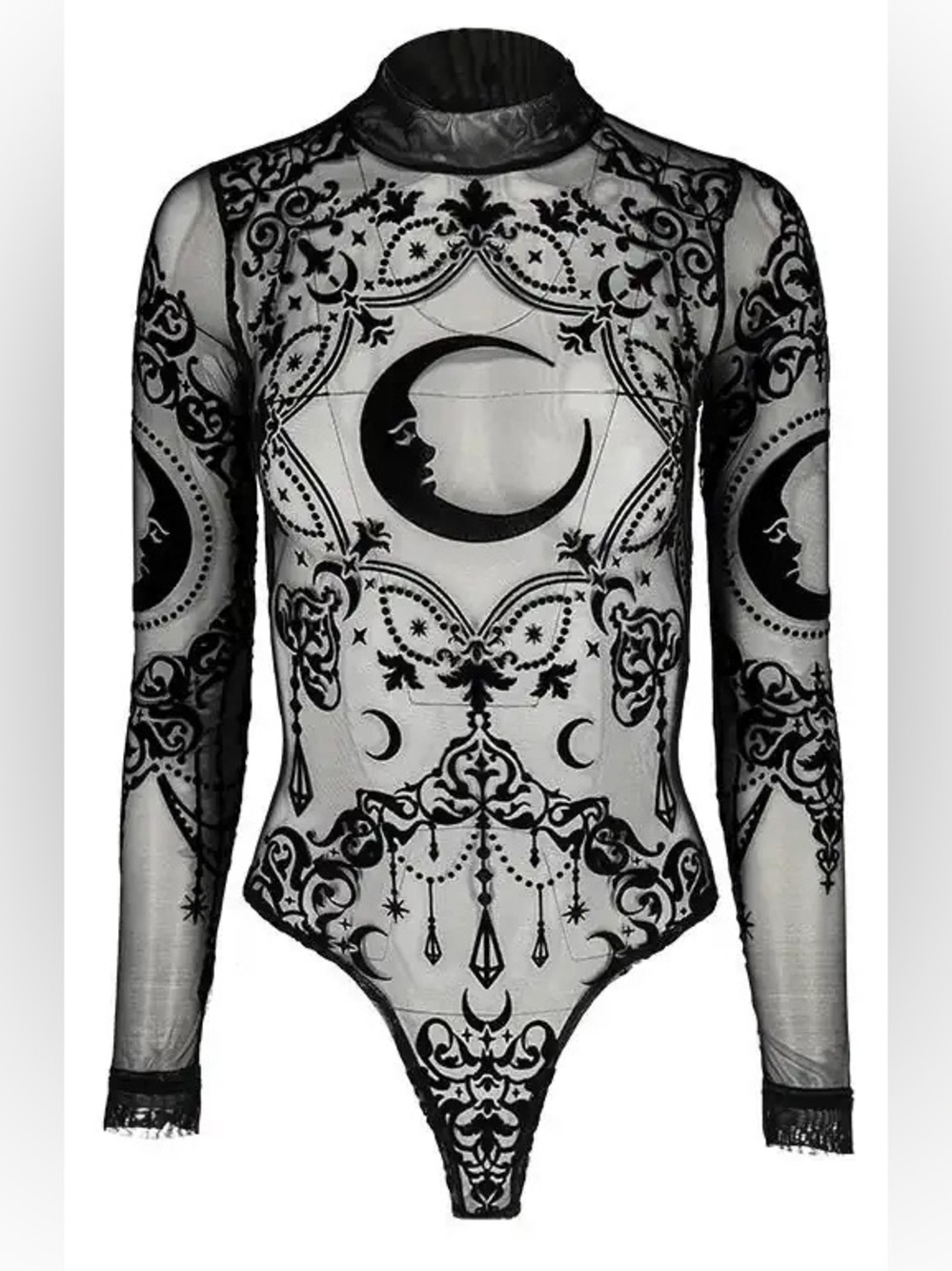 Restyle Crescent Moon Flocked Velvet on Mesh Bodysuit